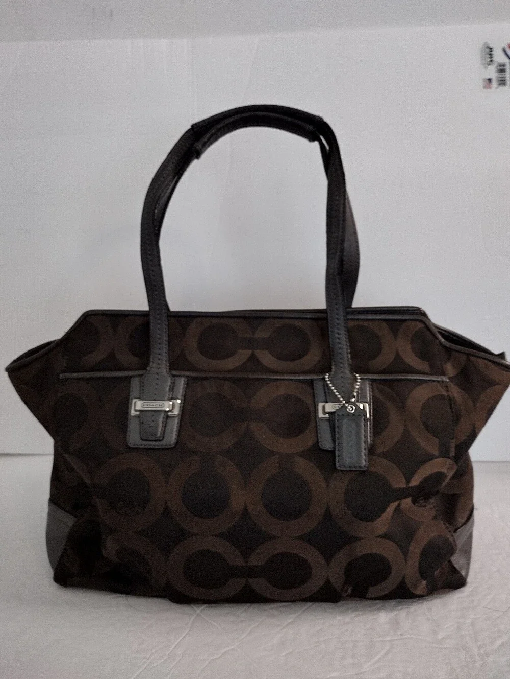 Coach Taylor Op Art Alexis Carryall Tote Bag Brown Sateen F25501 Shoulder Purse